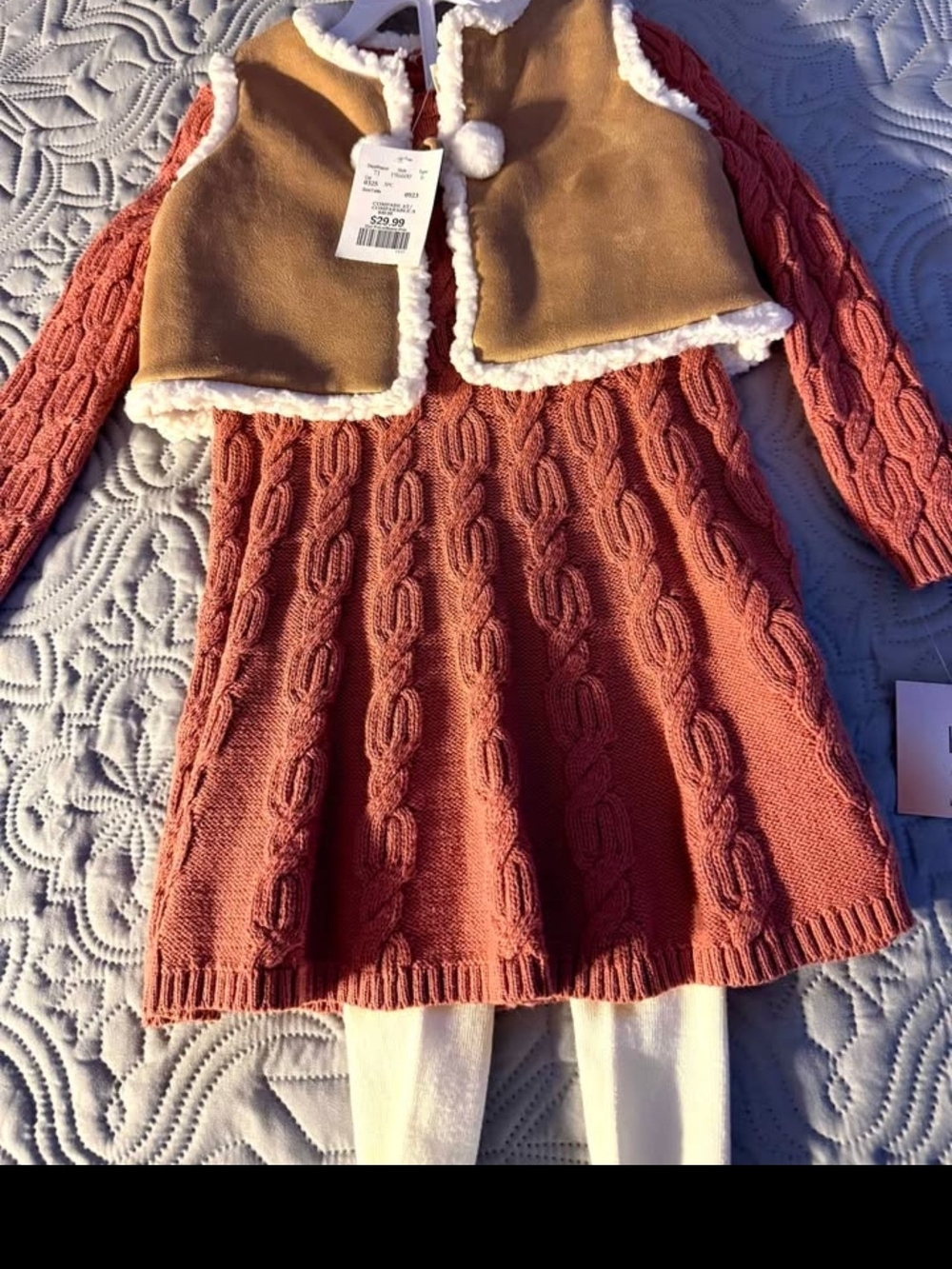 Girls' Cable Knit Long Sleeve Dress with Sherpa Vest - Rust And Tights